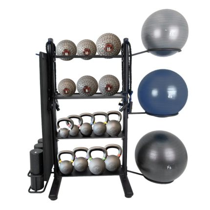 storage rack for fitness accessories, slam balls, swiss balls, kettlebells, mats, foam rollers, toner and more